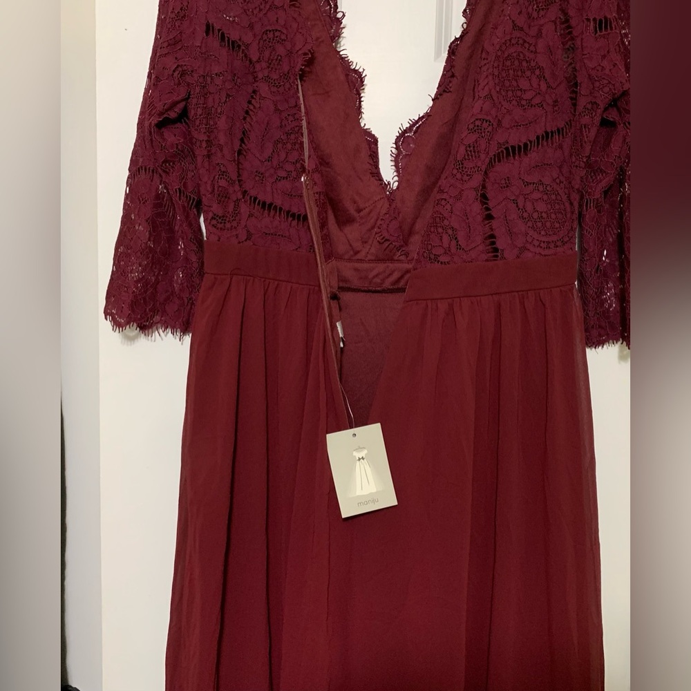 NWT Maniju L Formal Gown Burgundy Style m25891 Lace Bodice - Picture 8 of 9